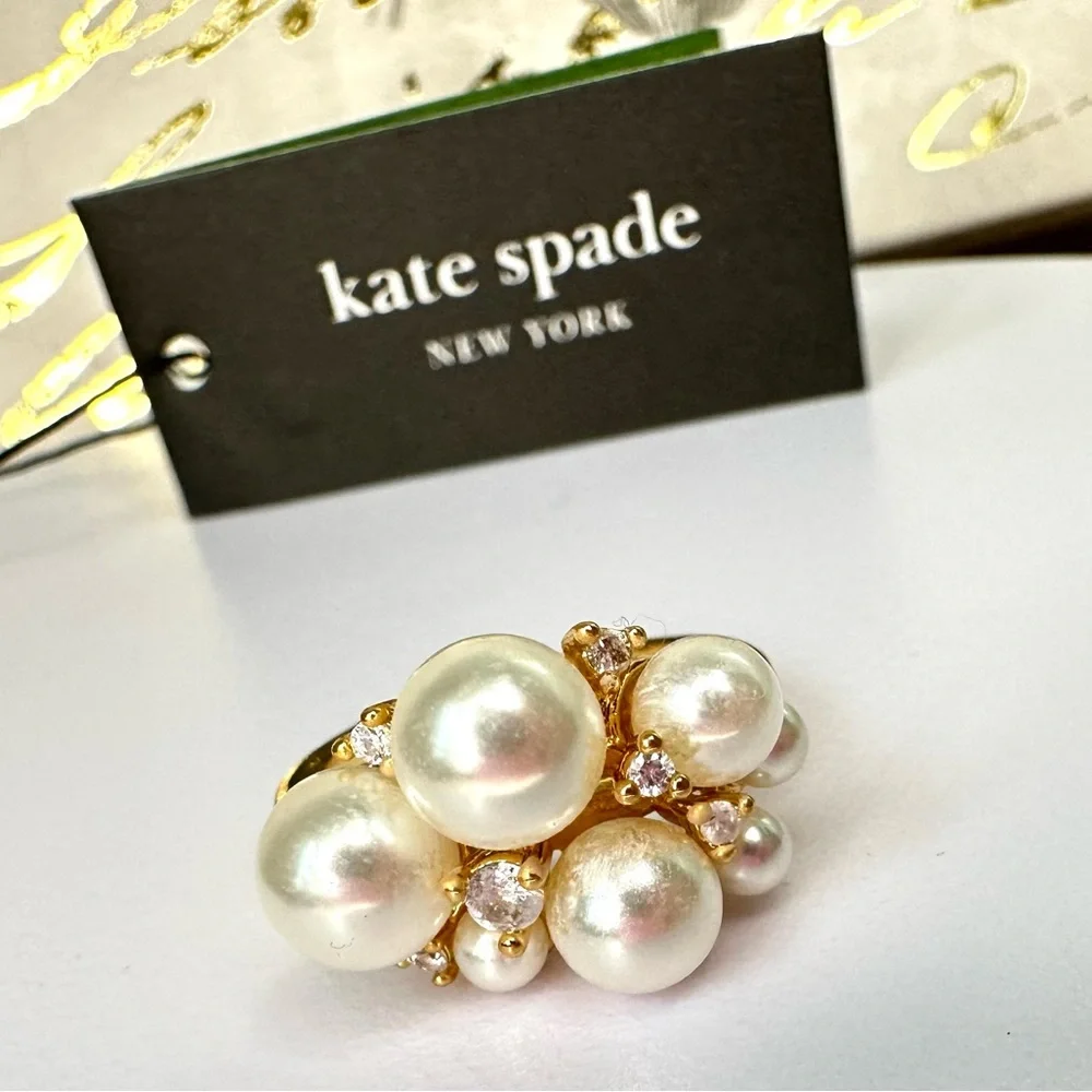 Kate Spade rain or shine stacking Goldtone Ring Set with Pearl & Crystals Size 7